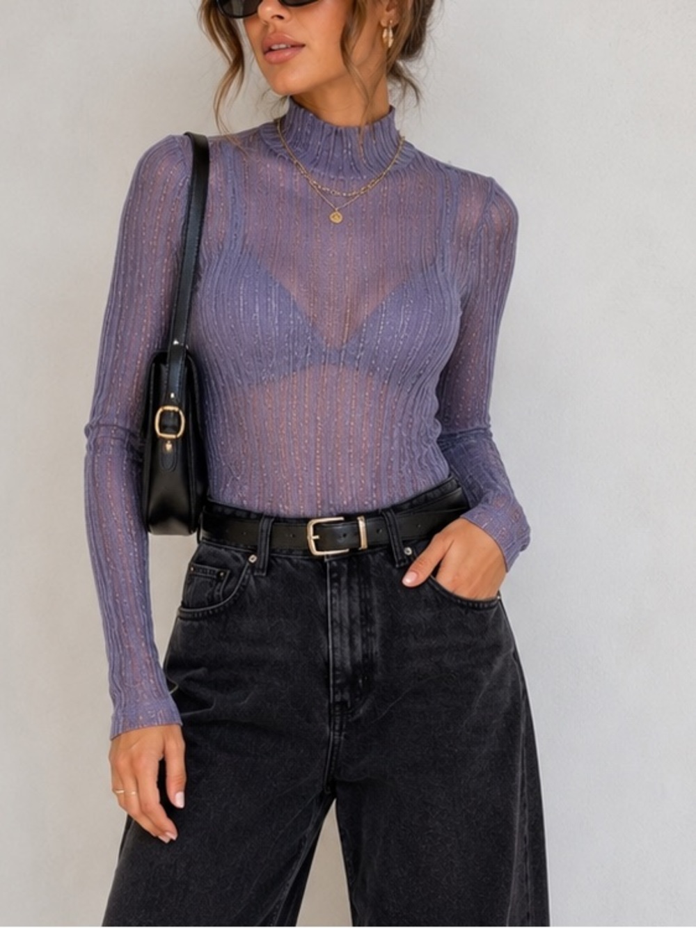IRIS Sheer Metallic Ribbed Mock Neck Long Sleeve Bodysuit Lavender Small